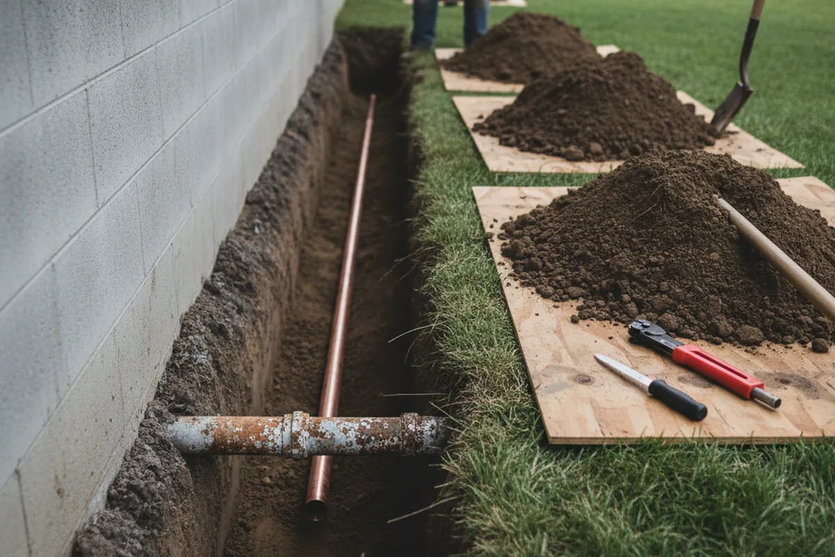 Excavated water line trench during Sewer Line Repair in Brush Prairie